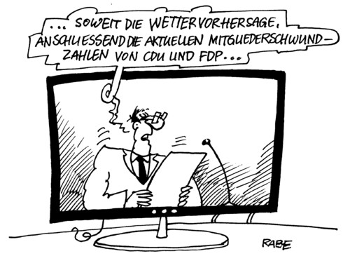 Cartoon: Mitgliederschwund (medium) by RABE tagged mitglieder,mitgliederschwund,parteiaustritt,bundesregierung,kanzlerin,merkel,cdu,fdp,koalition,schwarzgelb,landesregierung,parteibuch,parteienlandschaft,umfrage,umfragetief,wähler,politikverdrossenheit,nachrichten,tv,fernsehen,nachrichtensprecher,news,kleber,klöppel,hofer,ntv,nachrichtenkanal,wetter,wetterbericht,wettervorhersage,krise,tortendiagramm,mitglieder,mitgliederschwund,auslaufmodell,krise,parteienlandschaft,parteiaustritt,parteivorsitz