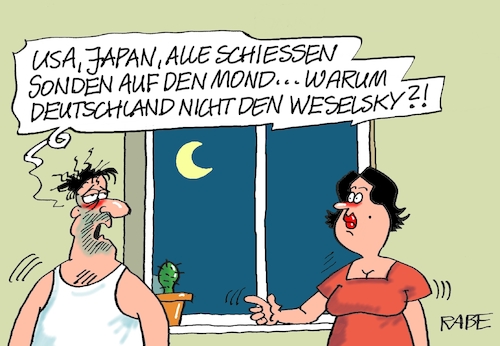 Cartoon: Mondlandung (medium) by RABE tagged bahn,db,bahnkunden,fahrpreis,fahrpreiserhöhung,rabe,ralf,böhme,cartoon,karikatur,pressezeichnung,farbcartoon,tagescartoon,schnellzug,bahnticket,schlusslicht,passagiere,bahnreisende,puffer,weselsky,verdi,gdl,gewerkschaften,lokführer,streik,lokführerstreik,lufthansa,bodenpersonal,fluggäste,reisende,zugausfälle,flugausfälle,mond,mondsonden,mondlandung,all,weltall,ehepaar,bahn,db,bahnkunden,fahrpreis,fahrpreiserhöhung,rabe,ralf,böhme,cartoon,karikatur,pressezeichnung,farbcartoon,tagescartoon,schnellzug,bahnticket,schlusslicht,passagiere,bahnreisende,puffer,weselsky,verdi,gdl,gewerkschaften,lokführer,streik,lokführerstreik,lufthansa,bodenpersonal,fluggäste,reisende,zugausfälle,flugausfälle,mond,mondsonden,mondlandung,all,weltall,ehepaar