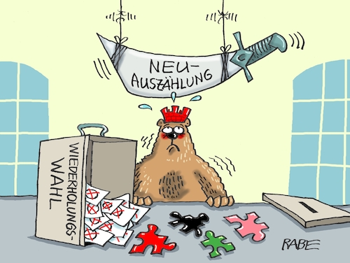 Cartoon: Nachwirkung (medium) by RABE tagged berlin,berlinwahl,senat,senatswahl,pannenwahl,wahlwiederholung,hauptstadtwahl,giffey,stimmauszählung,nachauszählung,bär,rabe,ralf,böhme,cartoon,karikatur,pressezeichnung,farbcartoon,tagescartoon,damokles,damoklesschwert,puzzle,puzzleteile,sitzverteilung,faden,berlin,berlinwahl,senat,senatswahl,pannenwahl,wahlwiederholung,hauptstadtwahl,giffey,stimmauszählung,nachauszählung,bär,rabe,ralf,böhme,cartoon,karikatur,pressezeichnung,farbcartoon,tagescartoon,damokles,damoklesschwert,puzzle,puzzleteile,sitzverteilung,faden