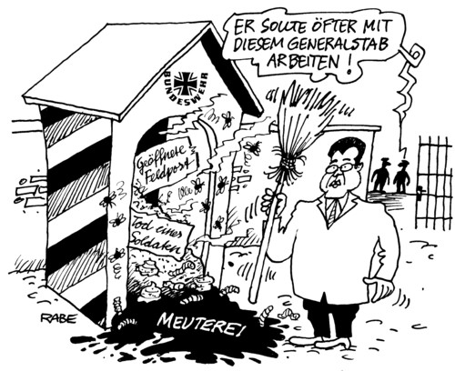 Cartoon: Neuer Generalstab (medium) by RABE tagged bundeswehr,guttenberg,kaserne,soldaten,besen,euro,afghanistan,feldpost,gorch,fock,meuterei,dienstwaffe,schuß,patrone,waffen,maden,gestank,misthaufen,kasernentor,verteidigungsminister,auslandseinsatz,befehl,befehlsverweigerung,schilderhaus,wachhaus,wache,generalstab,guttenberg,bundeswehr,kaserne,kasernentor,soldaten,euro,krise,verteidigungsminister,afghanistan