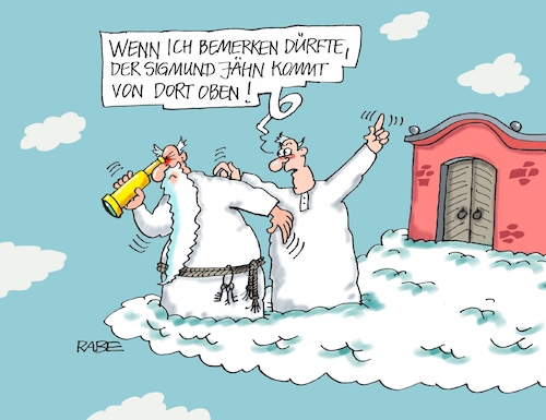 Cartoon: Neues aus dem Jähnseits (medium) by RABE tagged sigmund,jähn,kosmonaut,ddr,sojus,sojuskapsel,vogtland,weltall,himmel,rabe,ralf,böhme,cartoon,karikatur,pressezeichnung,farbcartoon,tagescartoon,trauer,tod,petrus,himmelstor,weltraumpionier,held,all,raumstation,saljut,baikonur,weltraumbahnhof,sigmund,jähn,kosmonaut,ddr,sojus,sojuskapsel,vogtland,weltall,himmel,rabe,ralf,böhme,cartoon,karikatur,pressezeichnung,farbcartoon,tagescartoon,trauer,tod,petrus,himmelstor,weltraumpionier,held,all,raumstation,saljut,baikonur,weltraumbahnhof