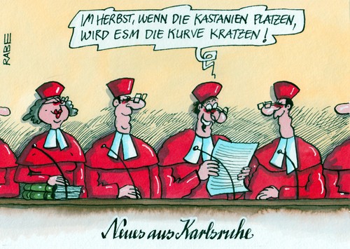 Cartoon: Neues aus Karlsruhe (medium) by RABE tagged kahrlsruhe,urteil,bundesverfassungsgericht,parlament,bundesregierung,bundesrat,grüne,widerspruch,gesetz,geheimniskrämerei,eu,beschlüsse,fiskalpakt,rettungsschirm,griechenland,abgeordnete,merkel,kanzlerin,koalition,cdu,euro,eurokrise,esm,ratifizierung,verfassungsgericht,brüssel,finanzchefs,banken,ratingagentur,börse,richter,recht,jurist,paragrafen,robe,herbst,kastanien,kurve,kratzen,kahrlsruhe,bundesverfassungsgericht,parlament,bundesregierung,urteil