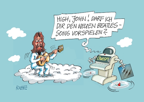 Cartoon: Now And Then (medium) by RABE tagged john,lennon,beatles,song,hits,veröffentlichung,single,schallplatte,beat,rabe,ralf,böhme,cartoon,karikatur,pressezeichnung,farbcartoon,tagescartoon,wolke,himmel,gitarre,popstar,chatgpt,it,ki,roboter,both,john,lennon,beatles,song,hits,veröffentlichung,single,schallplatte,beat,rabe,ralf,böhme,cartoon,karikatur,pressezeichnung,farbcartoon,tagescartoon,wolke,himmel,gitarre,popstar,chatgpt,it,ki,roboter,both