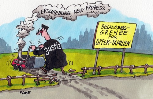 Cartoon: NSU-Prozess (medium) by RABE tagged nsu,prozess,nebenkläger,münchen,belastung,belastungsgrenze,verschiebung,neonazis,nazis,verfassungsschutz,gerichtsgebäude,gerichtssaal,presse,presseplätze,berichterstattung,opfer,opferfamilien,rabe,ralf,böhme,cartoon,karikatur,justiz,richter,rasen,rasenmäher,prozesskosten,merk,bayern,justizministerin,csu,entschädigung,verlegung,fahrtkosten,türken,griechen,nazimorde,nazitrio,pannen,pannenserie,nsu,prozess,nebenkläger,münchen,belastung,belastungsgrenze,verschiebung,neonazis,nazis,verfassungsschutz,gerichtsgebäude,gerichtssaal,presse,presseplätze,berichterstattung,opfer,opferfamilien,rabe,ralf,böhme,cartoon,karikatur,justiz,richter,rasen,rasenmäher,prozesskosten,merk,bayern,justizministerin,csu,entschädigung,verlegung,fahrtkosten,türken,griechen,nazimorde,nazitrio,pannen,pannenserie