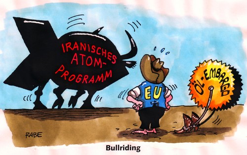 Cartoon: Ölembargo (medium) by RABE tagged atomprogramm,diktator,atombombe,atomindustrie,atomtest,iran,ahmadis,bundesregierung,außenminister,westerwelle,fdp,embargo,boykott,öl,erdöl,ölembargo,ölboykott,einfuhrstopp,einfuhrverbot,eu,euro,brüssel,eurostaaten,regierungschefs,überwachung,konteneinfrierung,cowboy,texas,bullriding,rodeo,bulle,stier,reiter,sattel,cowboystiefel,sporen,sporenstiefel,sporenreiten,atomprogramm,diktator,atomindustrie,atomtest,iran,bundesregierung