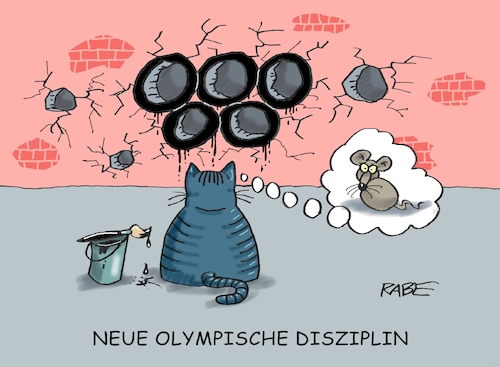 Cartoon: Olympiakatze (medium) by RABE tagged katze,samtpfote,stubentiger,kater,weltkatzentag,fellnase,rabe,ralf,böhme,cartoon,karikatur,pressezeichnung,katzenklo,katzentoilette,kratzbaum,katzenstreu,einstreu,toilettenpapie,engpass,maus,rattte,olympiade,sommerspiele,eimer,farbe,pinsel,ringe,loch,löcher,mauer,sport,katze,samtpfote,stubentiger,kater,weltkatzentag,fellnase,rabe,ralf,böhme,cartoon,karikatur,pressezeichnung,katzenklo,katzentoilette,kratzbaum,katzenstreu,einstreu,toilettenpapie,engpass,maus,rattte,olympiade,sommerspiele,eimer,farbe,pinsel,ringe,loch,löcher,mauer,sport