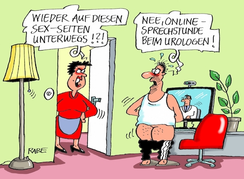 Cartoon: Online Urologe (medium) by RABE tagged online,internet,netz,skype,patient,bildschirm,rechner,diagnose,urologe,rabe,ralf,böhme,cartoon,karikatur,pressezeichnung,farbcartoon,tagescartoon,mann,frau,rezept,blase,prostata,arzt,online,internet,netz,skype,patient,bildschirm,rechner,diagnose,urologe,rabe,ralf,böhme,cartoon,karikatur,pressezeichnung,farbcartoon,tagescartoon,mann,frau,rezept,blase,prostata,arzt