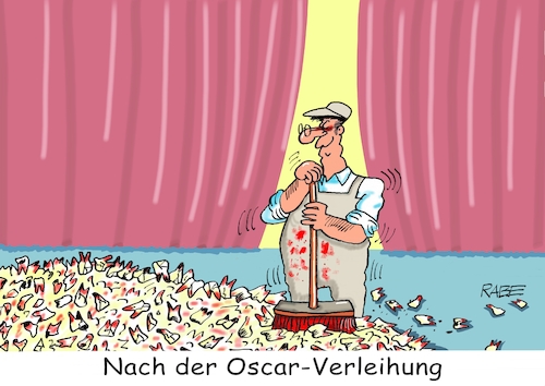 Cartoon: Oscar die Nächste (medium) by RABE tagged oscar,oscarverleihung,hollywood,will,smith,chris,rock,moderator,eklat,prügel,ohrfeige,backpfeife,rabe,ralf,böhme,cartoon,karikatur,pressezeichnung,farbcartoon,tagescartoon,vorhang,besen,reinigungskraft,zähne,blut,kehraus,show,bühne,oscar,oscarverleihung,hollywood,will,smith,chris,rock,moderator,eklat,prügel,ohrfeige,backpfeife,rabe,ralf,böhme,cartoon,karikatur,pressezeichnung,farbcartoon,tagescartoon,vorhang,besen,reinigungskraft,zähne,blut,kehraus,show,bühne