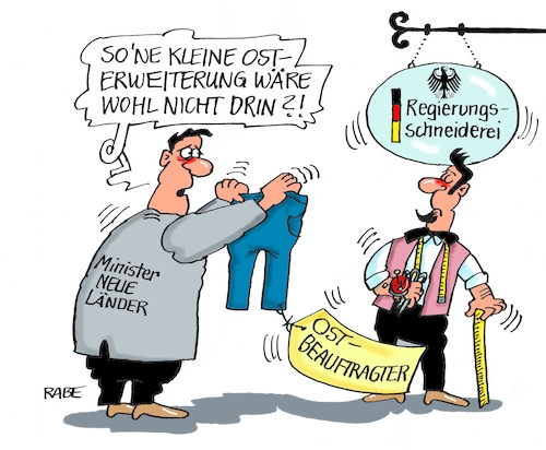 Cartoon: Osterweiterung (medium) by RABE tagged ostbeauftragter,ostländer,westländer,neue,länder,ministerposten,ossi,wessi,rabe,ralf,böhme,cartoon,karikatur,pressezeichnung,farbcartoon,tagescartoon,hose,bundesregierung,kabinettsbildung,osten,westen,osterweiterung,maßschneiderei,ostbeauftragter,ostländer,westländer,neue,länder,ministerposten,ossi,wessi,rabe,ralf,böhme,cartoon,karikatur,pressezeichnung,farbcartoon,tagescartoon,hose,bundesregierung,kabinettsbildung,osten,westen,osterweiterung,maßschneiderei