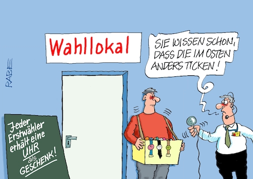 Cartoon: Ostticker (medium) by RABE tagged landtagswahl,thüringen,septemper,cdu,afd,mario,voigt,bernd,höcke,tv,duell,fernsehduell,rabe,ralf,böhme,cartoon,karikatur,pressezeichnung,farbcartoon,tagescartoon,wahllokal,erstwähler,präsent,geschenk,uhr,armbanduhr,rechte,linke,bauchladen,landtagswahl,thüringen,septemper,cdu,afd,mario,voigt,bernd,höcke,tv,duell,fernsehduell,rabe,ralf,böhme,cartoon,karikatur,pressezeichnung,farbcartoon,tagescartoon,wahllokal,erstwähler,präsent,geschenk,uhr,armbanduhr,rechte,linke,bauchladen