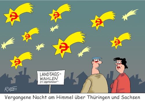 Cartoon: Perseiden über Sachsen (medium) by RABE tagged landtagswahl,thüringen,septemper,cdu,afd,mario,voigt,bernd,höcke,tv,duell,fernsehduell,rabe,ralf,böhme,cartoon,karikatur,pressezeichnung,farbcartoon,tagescartoon,sachsen,perseiden,kometen,sternschnuppe,hammer,sichel,putin,nachthimmel,putinfreunde,putinversteher,landtagswahl,thüringen,septemper,cdu,afd,mario,voigt,bernd,höcke,tv,duell,fernsehduell,rabe,ralf,böhme,cartoon,karikatur,pressezeichnung,farbcartoon,tagescartoon,sachsen,perseiden,kometen,sternschnuppe,hammer,sichel,putin,nachthimmel,putinfreunde,putinversteher