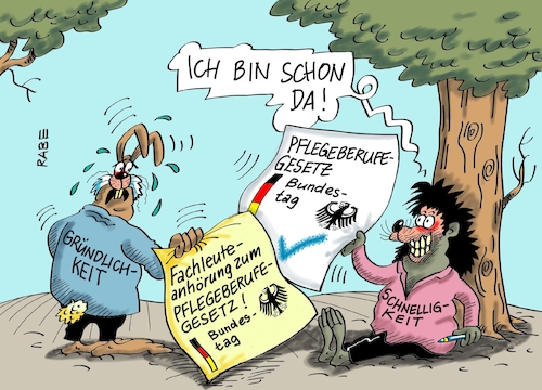 Cartoon: Pflegeberufegestz (medium) by RABE tagged pflege,altenpflege,pflegeberufegestz,bundestag,verabschiedung,reform,lammert,fachleuteanhörung,rabe,ralf,böhme,cartoon,karikatur,pressezeichnung,farbcartoon,tagescartoon,hase,igel,wettlauf,gründlichkeit,schnelligkeit,gebrüder,grimm,pflege,altenpflege,pflegeberufegestz,bundestag,verabschiedung,reform,lammert,fachleuteanhörung,rabe,ralf,böhme,cartoon,karikatur,pressezeichnung,farbcartoon,tagescartoon,hase,igel,wettlauf,gründlichkeit,schnelligkeit,gebrüder,grimm