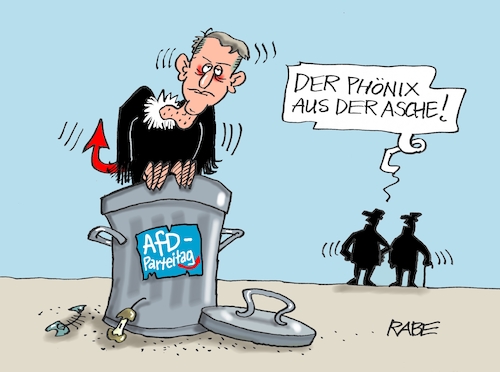 Cartoon: Phönix aus der Asche (medium) by RABE tagged afd,meuthen,parteivorsitz,parteiaustritt,höcke,flügelkämpfe,rechte,rabe,ralf,böhme,cartoon,karikatur,pressezeichnung,farbcartoon,tagescartoon,bundesparteitag,riesa,phönix,asche,müllkübel,mülltonne,weidel,björn,bernd,rechtsextremist,flügel,chrupalla,afd,meuthen,parteivorsitz,parteiaustritt,höcke,flügelkämpfe,rechte,rabe,ralf,böhme,cartoon,karikatur,pressezeichnung,farbcartoon,tagescartoon,bundesparteitag,riesa,phönix,asche,müllkübel,mülltonne,weidel,björn,bernd,rechtsextremist,flügel,chrupalla