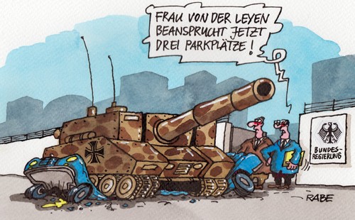 Cartoon: Plattgemacht (medium) by RABE tagged bundesregierung,kabinett,ursula,von,der,leyen,cdu,koalition,minister,ministerposten,merkel,gabriel,spd,vizekanzler,verteidigungsministerin,bundeswehr,armee,soldaten,rabe,ralf,böhme,cartoon,karikatur,pressezeichnung,farbcartoon,panzer,kettenfahrzeug,pkw,auto,parkplatz,beanspruchung,unfall,platt,oberbefehlshaberin,verteidigungsministerium,falschparker,militär,militärexpertin,miöitäreinsatz,kronprinzessin,afghanistan,kampfeinatz,truppe,bundeswehrreform,bundesregierung,kabinett,ursula,von,der,leyen,cdu,koalition,minister,ministerposten,merkel,gabriel,spd,vizekanzler,verteidigungsministerin,bundeswehr,armee,soldaten,rabe,ralf,böhme,cartoon,karikatur,pressezeichnung,farbcartoon,panzer,kettenfahrzeug,pkw,auto,parkplatz,beanspruchung,unfall,platt,oberbefehlshaberin,verteidigungsministerium,falschparker,militär,militärexpertin,miöitäreinsatz,kronprinzessin,afghanistan,kampfeinatz,truppe,bundeswehrreform