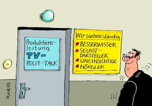 Cartoon: Polittalk (medium) by RABE tagged polittalk,talkshow,live,tv,maischberger,illner,will,jauch,plaßberg,ard,zdf,polittalker,linke,spd,grüne,afd,csu,cdu,union,fdp,rabe,ralf,böhme,cartoon,karikatur,pressezeichnung,farbcartoon,tagescartoon,nörgler,besserwisser,klugscheißer,selbstdarsteller,uneinsichtige,polittalk,talkshow,live,tv,maischberger,illner,will,jauch,plaßberg,ard,zdf,polittalker,linke,spd,grüne,afd,csu,cdu,union,fdp,rabe,ralf,böhme,cartoon,karikatur,pressezeichnung,farbcartoon,tagescartoon,nörgler,besserwisser,klugscheißer,selbstdarsteller,uneinsichtige