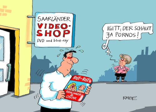 Cartoon: Pornokoalition (medium) by RABE tagged saarland,landtagswahl,rehlinger,oscar,lafontaine,linke,spd,cdu,merkel,kanzlerin,schulzeffekt,rabe,ralf,böhme,cartoon,karikatur,pressezeichnung,farbcartoon,tagescartoon,videothek,videoshop,pornofilm,blueray,dvd,sexfilm,saarland,landtagswahl,rehlinger,oscar,lafontaine,linke,spd,cdu,merkel,kanzlerin,schulzeffekt,rabe,ralf,böhme,cartoon,karikatur,pressezeichnung,farbcartoon,tagescartoon,videothek,videoshop,pornofilm,blueray,dvd,sexfilm