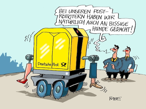 Cartoon: Postroboter (medium) by RABE tagged deutsche,post,postroboter,paketdienst,briefe,postsendungen,postbote,stellenabbau,gebühren,gebührenerhöhung,rabe,ralf,böhme,cartoon,karikatur,pressezeichnung,farbcartoon,tagescartoon,beine,hosenbein,hund,bissig,beisser,deutsche,post,postroboter,paketdienst,briefe,postsendungen,postbote,stellenabbau,gebühren,gebührenerhöhung,rabe,ralf,böhme,cartoon,karikatur,pressezeichnung,farbcartoon,tagescartoon,beine,hosenbein,hund,bissig,beisser