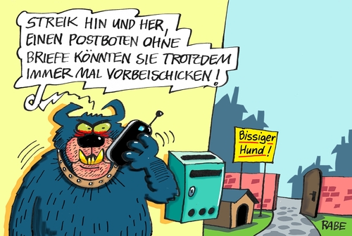 Cartoon: Poststreik (medium) by RABE tagged post,poststreik,verdi,gewerkschaften,briefträger,zusteller,postbote,briefe,päckchen,rabe,ralf,böhme,cartoon,karikatur,pressezeichnung,farbcartoon,tagescartoon,briefkasten,hund,beisser,gebiss,wachhund,hundehütte,hundebiss,post,poststreik,verdi,gewerkschaften,briefträger,zusteller,postbote,briefe,päckchen,rabe,ralf,böhme,cartoon,karikatur,pressezeichnung,farbcartoon,tagescartoon,briefkasten,hund,beisser,gebiss,wachhund,hundehütte,hundebiss