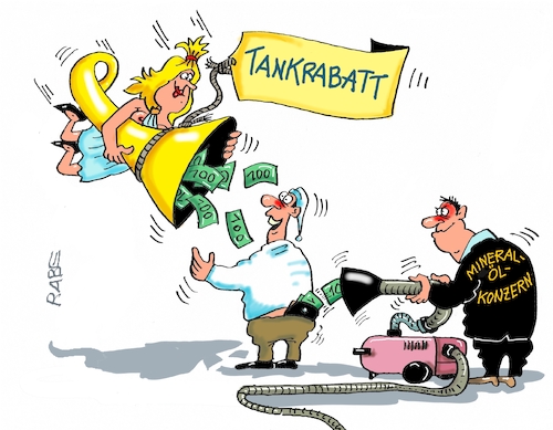Cartoon: Rabattsauger (medium) by RABE tagged merz,kanzler,koalition,union,spd,klingbeil,cartoon,karikatur,pressezeichnung,farbcartoon,tagescartoon,db,bahn,frühling,frühjahr,frühjahrsputz,ice,zug,blumenkasten,blumenkästen,esc,songcontest,rabatt,tankrabatt,tankstelle,autofahrer,michel,fortuna,füllhorn,geldscheine,staubsauger,mineralölkonzern,abstauber,spritpreis,merz,kanzler,koalition,union,spd,klingbeil,cartoon,karikatur,pressezeichnung,farbcartoon,tagescartoon,db,bahn,frühling,frühjahr,frühjahrsputz,ice,zug,blumenkasten,blumenkästen,esc,songcontest,rabatt,tankrabatt,tankstelle,autofahrer,michel,fortuna,füllhorn,geldscheine,staubsauger,mineralölkonzern,abstauber,spritpreis