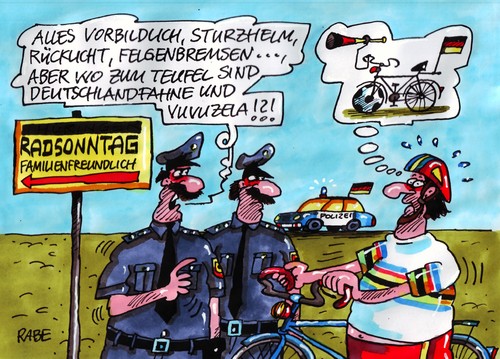 Cartoon: Radsonntag (medium) by RABE tagged radsonntag,fahrrad,rad,familientag,radler,radweg,sturzhelm,felgenbremse,speichen,rücklicht,sattel,luftpumpe,reifen,polizei,polizeikontrolle,polizeiauto,verkehrsteilnehmer,deutschland,deutschlandfahne,familie,kinder,vuvuzela,em,fussbal,fussballeuropameisterschaft,ukraine,polen,kiew,fan,fanmeile,fussballer,fussballstadion,trainer,löw,puplicviewing,fahrrad,rad,familientag,radler,radweg,polizei