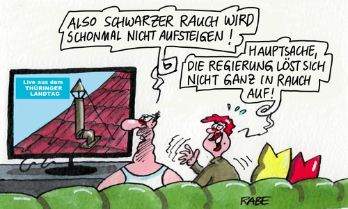 Cartoon: Rauchzeichen (medium) by RABE tagged lieberknecht,thüringen,neuwahlen,cdu,linke,ramelow,grüne,sondierung,rabe,ralf,böhme,cartoon,karikatur,pressezeichnung,farbcartoon,tagescartoon,bausewein,spd,koalition,rauch,papst,ppstwahl,mohring,wahlzirkus,bodo,koalitionsvertrag,lieberknecht,thüringen,neuwahlen,cdu,linke,ramelow,grüne,sondierung,rabe,ralf,böhme,cartoon,karikatur,pressezeichnung,farbcartoon,tagescartoon,bausewein,spd,koalition,rauch,papst,ppstwahl,mohring,wahlzirkus,bodo,koalitionsvertrag