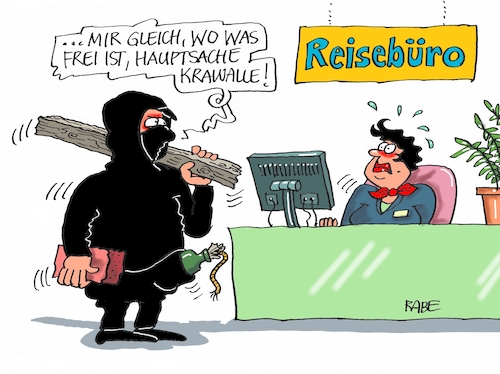 Cartoon: Reisefieber (medium) by RABE tagged hamburg,sturmflut,zwanzig,gipfel,militante,linke,linksextremisten,rabe,ralf,böhme,cartoon,karikatur,pressezeichnung,farbcartoon,tagescartoon,welle,gewalt,innenminister,reisebüro,krawalle,autonome,scholz,elbphilharmonie,zeigelsteine,brandsätze,hamburg,sturmflut,zwanzig,gipfel,militante,linke,linksextremisten,rabe,ralf,böhme,cartoon,karikatur,pressezeichnung,farbcartoon,tagescartoon,welle,gewalt,innenminister,reisebüro,krawalle,autonome,scholz,elbphilharmonie,zeigelsteine,brandsätze