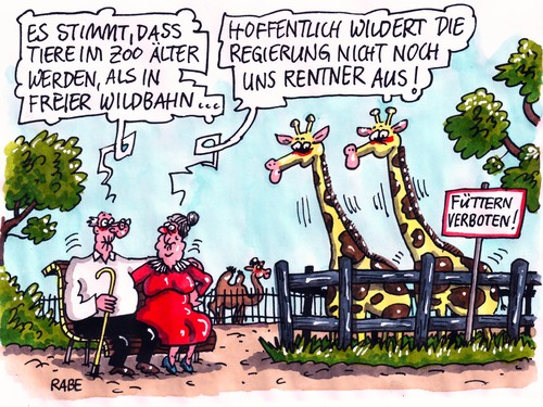 Cartoon: Rentenerhöhung (medium) by RABE tagged verbot,rentenauszahlung,futter,füttern,zootiere,kamel,giraffe,käfig,tierpfleger,tiergehege,tierpark,zoo,bank,gehstock,ehepaar,frau,mann,lebensabend,alter,bezüge,krise,euro,ankoppelung,gehälter,bundesregierung,arbeitministerin,rentenerhöhung,rentenalter,rentner,rente,rente,rentner,rentenalter,rentenerhöhung,arbeitministerin,bundesregierung,ankoppelung,gehälter,euro,bezüge,lebensabend,alter,gehalt,arbeit