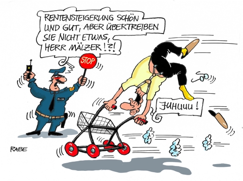 Cartoon: Rentenplus (medium) by RABE tagged nahles,spd,rente,rentenreform,rollator,rentner,rabe,ralf,böhme,cartoon,karikatur,pressezeichnung,farbcartoon,tagescartoon,rentenbescheid,mindestrente,rentenerhöhung,rentenplus,polizei,kontrolle,nahles,spd,rente,rentenreform,rollator,rentner,rabe,ralf,böhme,cartoon,karikatur,pressezeichnung,farbcartoon,tagescartoon,rentenbescheid,mindestrente,rentenerhöhung,rentenplus,polizei,kontrolle