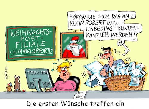 Cartoon: Roberts Wunschzettel (medium) by RABE tagged ampel,ampelregierung,rot,grün,gelb,fdp,spd,grüne,rabe,ralf,böhme,cartoon,karikatur,pressezeichnung,farbcartoon,tagescartoon,inflation,einkommen,rente,rentenpaket,bruch,streit,neuwahlen,bundestagswahl,wahltermin,vertrauensfrage,kanzlerkandidaten,kandidaten,wahlkampf,wunschzettel,parteitag,himmelspforte,weihnachten,weihnachtsmann,wichtel,auftragszentrale,robert,habeck,ampel,ampelregierung,rot,grün,gelb,fdp,spd,grüne,rabe,ralf,böhme,cartoon,karikatur,pressezeichnung,farbcartoon,tagescartoon,inflation,einkommen,rente,rentenpaket,bruch,streit,neuwahlen,bundestagswahl,wahltermin,vertrauensfrage,kanzlerkandidaten,kandidaten,wahlkampf,wunschzettel,parteitag,himmelspforte,weihnachten,weihnachtsmann,wichtel,auftragszentrale,robert,habeck