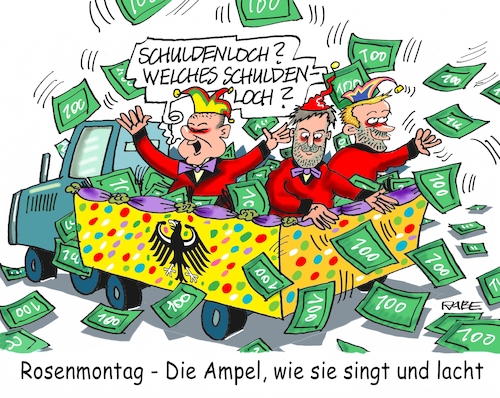 Cartoon: Rosenmontag (medium) by RABE tagged karneval,fasching,karnevalsaison,saisonbeginn,narren,karnevalisten,feier,rabe,ralf,böhme,cartoon,karikatur,pressezeichnung,farbcartoon,tagescartoon,bundesregierung,ampelkoalition,ampel,narrenfreiheit,rosenmontag,rosenmontagszug,motivwagen,ampelregierung,schuldenloch,banknoten,kamelle,kamellche,habeck,scholz,lindner,schuldenbremse,karneval,fasching,karnevalsaison,saisonbeginn,narren,karnevalisten,feier,rabe,ralf,böhme,cartoon,karikatur,pressezeichnung,farbcartoon,tagescartoon,bundesregierung,ampelkoalition,ampel,narrenfreiheit,rosenmontag,rosenmontagszug,motivwagen,ampelregierung,schuldenloch,banknoten,kamelle,kamellche,habeck,scholz,lindner,schuldenbremse