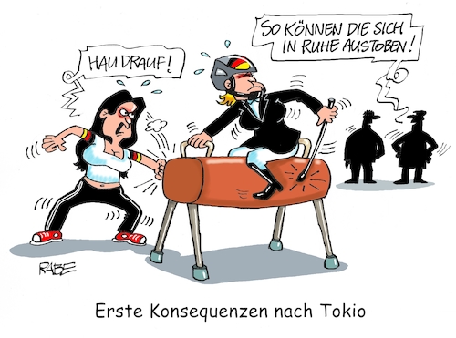 Cartoon: Rosskur (medium) by RABE tagged olympiade,sport,tokio,japan,sportler,olympiafeuer,feuer,flamme,rabe,ralf,böhme,cartoon,karikatur,pressezeichnung,farbcartoon,tagescartoon,fechter,säbel,degen,florett,spieß,corona,virus,deltavirus,pferd,pferdesport,fünfkampf,gerte,peitsche,tritte,fausthieb,anika,schleu,züchtigung,hindernis,scheu,fünfkämpferin,bundestrainerin,kim,raisner,tierquäler,tierquälerei,olympiade,sport,tokio,japan,sportler,olympiafeuer,feuer,flamme,rabe,ralf,böhme,cartoon,karikatur,pressezeichnung,farbcartoon,tagescartoon,fechter,säbel,degen,florett,spieß,corona,virus,deltavirus,pferd,pferdesport,fünfkampf,gerte,peitsche,tritte,fausthieb,anika,schleu,züchtigung,hindernis,scheu,fünfkämpferin,bundestrainerin,kim,raisner,tierquäler,tierquälerei