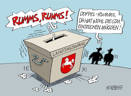 Cartoon: Rummsdibumms (medium) by RABE tagged landtagswahl,nrw,wüst,kutschaty,cdu,spd,nordrheinwestfalen,nordrhein,westfalen,rabe,ralf,böhme,cartoon,karikatur,pressezeichnung,farbcartoon,tagescartoon,wähler,wahlurne,stephan,weil,niedersachsen,wappen,pferd,rumms,doppelrumms,wumms,doppelwumms,olf,scholz,landtagswahl,nrw,wüst,kutschaty,cdu,spd,nordrheinwestfalen,nordrhein,westfalen,rabe,ralf,böhme,cartoon,karikatur,pressezeichnung,farbcartoon,tagescartoon,wähler,wahlurne,stephan,weil,niedersachsen,wappen,pferd,rumms,doppelrumms,wumms,doppelwumms,olf,scholz