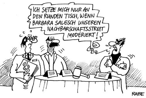 Cartoon: Runder Tisch (medium) by RABE tagged runder,tisch,nachbarn,nachbarschaftsstreit,schiedskommission,richter,amtsrichter,jurist,jura,rechtsanwalt,schlichter,tv,barabara,salesch,rtl,moderation,einigung,streithähne,nachbarn,nachbarschaftsstreit,richter,amtsrichter,jurist,jura,rechtsanwalt