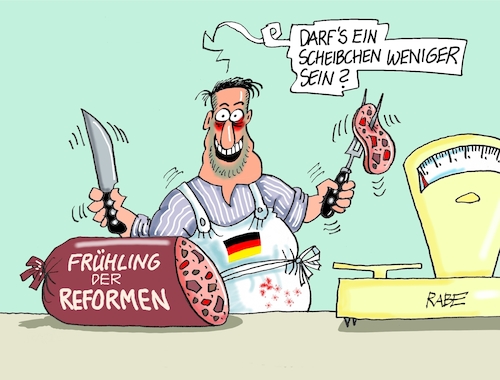 Cartoon: Salamitaktik (medium) by RABE tagged merz,kanzler,koalition,union,spd,klingbeil,cartoon,karikatur,pressezeichnung,farbcartoon,tagescartoon,db,bahn,frühling,frühjahr,frühjahrsputz,ice,zug,blumenkasten,blumenkästen,reform,ankündigung,metzger,fleischer,salami,wurst,waage,deutschland,merz,kanzler,koalition,union,spd,klingbeil,cartoon,karikatur,pressezeichnung,farbcartoon,tagescartoon,db,bahn,frühling,frühjahr,frühjahrsputz,ice,zug,blumenkasten,blumenkästen,reform,ankündigung,metzger,fleischer,salami,wurst,waage,deutschland