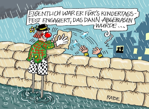 Cartoon: Sandssäcke (medium) by RABE tagged hochwasser,regen,starkregen,überflutung,hochwasserwarnung,wetterdienst,rabe,ralf,böhme,cartoon,karikatur,pressezeichnung,farbcaartoon,tagescartoon,arche,noah,sintflut,clown,sandsack,sandsäcke,stelzen,kindertag,kindertagsfeier,kinderfest,kindertagsfest,hochwasser,regen,starkregen,überflutung,hochwasserwarnung,wetterdienst,rabe,ralf,böhme,cartoon,karikatur,pressezeichnung,farbcaartoon,tagescartoon,arche,noah,sintflut,clown,sandsack,sandsäcke,stelzen,kindertag,kindertagsfeier,kinderfest,kindertagsfest