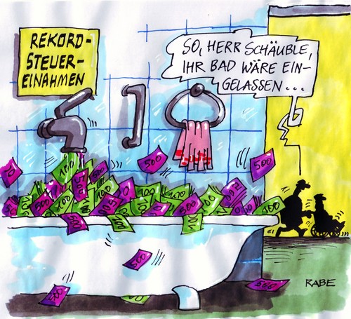 Cartoon: Schaumbad (medium) by RABE tagged bundesfinanzminister,schäuble,cdu,bundesregierung,finanzen,euro,steuern,steuerzahler,steuereinnahmen,steuermehreinnahmen,rekordsteuer,rekordsteuereinnahmen,bad,badewanne,badekur,geldhahn,badewasser,steuermonat,konjunktur,boom,aufkommen,monatsbericht,bundesfinanzminister,schäuble,cdu,bundesregierung,finanzen,steuern,steuereinnahmen