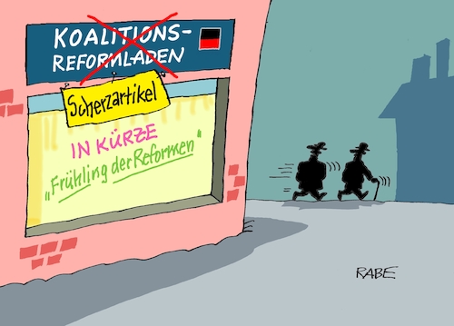 Cartoon: Scherzkekse (medium) by RABE tagged merz,kanzler,koalition,union,spd,klingbeil,cartoon,karikatur,pressezeichnung,farbcartoon,tagescartoon,db,bahn,frühling,frühjahr,frühjahrsputz,ice,zug,blumenkasten,blumenkästen,bas,reformen,reformhaus,schaufenster,umdekoration,firmierung,beschriftung,scherz,scherzartikel,merz,kanzler,koalition,union,spd,klingbeil,cartoon,karikatur,pressezeichnung,farbcartoon,tagescartoon,db,bahn,frühling,frühjahr,frühjahrsputz,ice,zug,blumenkasten,blumenkästen,bas,reformen,reformhaus,schaufenster,umdekoration,firmierung,beschriftung,scherz,scherzartikel