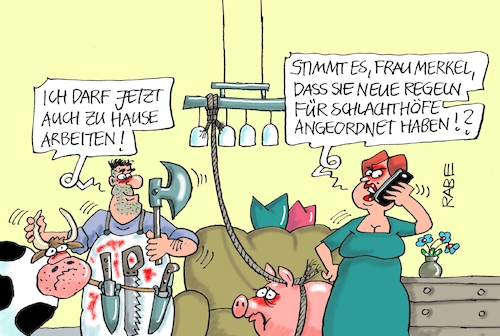 Cartoon: Schlachtfest (medium) by RABE tagged virus,corona,pandemie,coronakrise,rabe,ralf,böhme,cartoon,karikatur,pressezeichnung,farbcartoon,tagescartoon,viren,virenschutz,mundschutz,desinfektion,föderal,föderalismus,ländersache,schlachthof,schlachter,heimarbeit,anordnung,homeoffice,merkel,abstandsregeln,schlachtbetrieb,hygiene,schließung,schutzkleidung,virus,corona,pandemie,coronakrise,rabe,ralf,böhme,cartoon,karikatur,pressezeichnung,farbcartoon,tagescartoon,viren,virenschutz,mundschutz,desinfektion,föderal,föderalismus,ländersache,schlachthof,schlachter,heimarbeit,anordnung,homeoffice,merkel,abstandsregeln,schlachtbetrieb,hygiene,schließung,schutzkleidung