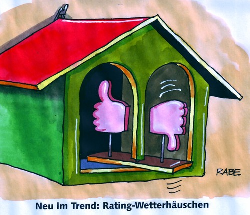 Cartoon: Schlechtwetter (medium) by RABE tagged rating,ratingagentur,moodys,fitch,standard,and,poors,abwertung,herabstufung,kreditwürdigkeit,euro,eu,eurozone,euroländer,eurostaaten,eurokrise,schulden,merkel,cdu,sarkozy,kanzlerin,deutschland,frankreich,rettungsschirm,wetterhaus,wetterhäuschen,wetterbericht,wetteraussichten,schö,sonn,sonnenschein,regen,unwetter,daumen,hand,donnerwetter,ratingagentur,moodys,fitch,kreditwürdigkeit