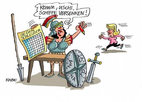 Cartoon: Schleuserboot (medium) by RABE tagged schleuser,schleuserboot,mittelmeer,nato,von,der,leyen,flüchtlingskrise,marineverband,schiffe,rabe,ralf,böhme,cartoon,karikatur,pressezeichnung,farbcartoon,tagescartoon,agäis,versenkung,schild,schwert,speer,schleuser,schleuserboot,mittelmeer,nato,von,der,leyen,flüchtlingskrise,marineverband,schiffe,rabe,ralf,böhme,cartoon,karikatur,pressezeichnung,farbcartoon,tagescartoon,agäis,versenkung,schild,schwert,speer