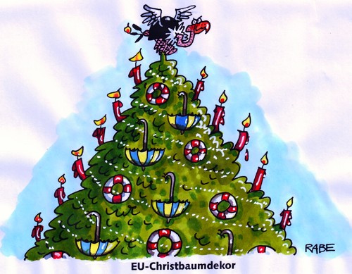 Cartoon: Schmuckvolles (medium) by RABE tagged eu,euro,eurokrise,brüssel,rettungsschirm,eurobond,rettungsring,schulden,schuldenkrise,banken,börse,spekulanten,pleitegeier,griechenland,staatschef,finanzchefs,kanzlerin,merkel,cdu,sarkozy,frankreich,eurogipfel,weihnachten,weihnachtsfest,weihnachtsbaum,weihnachtsbaumschmuck,christmasdekor,christbaumschmuck,glaskugeln,lametta,beleuchtung,lichterkette,bescherung,kerzen,tanne,fichte,kiefer,blautanne,nordmanntanne,eu,euro,eurokrise,brüssel,rettungsschirm,eurobond,rettungsring,schulden,schuldenkrise