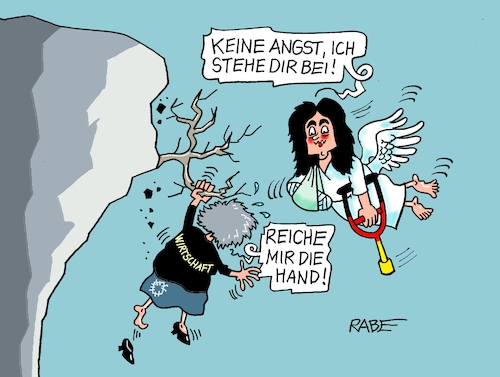 Cartoon: Schutzengel (medium) by RABE tagged merz,union,kanzler,fritze,koalition,spd,klingbeil,bundesregierung,rabe,ralf,böhme,cartoon,karikatur,pressezeichnung,farbcartoon,tagescartoon,trump,putin,krisen,tv,nachrichten,waschmaschine,wirtschaftsministerin,reiche,schutzengel,schlucht,abgrund,ast,krücke,gipsbein,veband,absturz,stagnation,rezession,abschwung