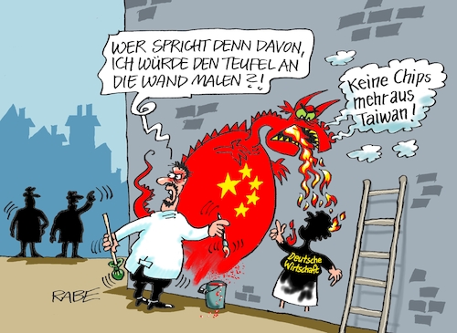 Cartoon: Schwarzmalerei (medium) by RABE tagged china,peking,drachen,taiwan,pelosi,aufrüstung,manöver,seemanöver,rabe,ralf,böhme,cartoon,karikatur,pressezeichnung,farbcartoon,tagescartoon,teufel,wand,wandmalerei,deutschland,wirtschaft,chips,chipherstellung,sanktionen,wirtschaftsbeziehungen,china,peking,drachen,taiwan,pelosi,aufrüstung,manöver,seemanöver,rabe,ralf,böhme,cartoon,karikatur,pressezeichnung,farbcartoon,tagescartoon,teufel,wand,wandmalerei,deutschland,wirtschaft,chips,chipherstellung,sanktionen,wirtschaftsbeziehungen