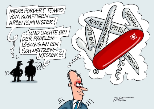 Cartoon: Schweitzer Messer (medium) by RABE tagged merz,kanzler,koalition,union,spd,klingbeil,cartoon,karikatur,pressezeichnung,farbcartoon,tagescartoon,db,bahn,frühling,frühjahr,frühjahrsputz,ice,zug,blumenkasten,blumenkästen,esc,songcontest,arbeitsminister,alexander,schweitzer,messer,taschenmesser,schweiz,bas,rücktritt,rente,haushalt,steuern,sparkurs,personaldebatte,neuwahl,merz,kanzler,koalition,union,spd,klingbeil,cartoon,karikatur,pressezeichnung,farbcartoon,tagescartoon,db,bahn,frühling,frühjahr,frühjahrsputz,ice,zug,blumenkasten,blumenkästen,esc,songcontest,arbeitsminister,alexander,schweitzer,messer,taschenmesser,schweiz,bas,rücktritt,rente,haushalt,steuern,sparkurs,personaldebatte,neuwahl