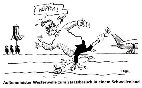 Cartoon: Schwellenlandbesuch (medium) by RABE tagged auslandsbesuch,westerwelle,außenminister,fdp,euro,finanzen,roter,teppich,schwellenland,stolperstein,hozschwelle,türschwelle,flugzeug,deutschlandflagge,stolpern,stürzen,garde,empfangskomitee,flugplatz,nationalhymne,ehrengarde,außenminister,auslandsbesuch,guido westerwelle,geld,euro,steuern,empfangskomitee,ehrengarde,teppich,guido,westerwelle