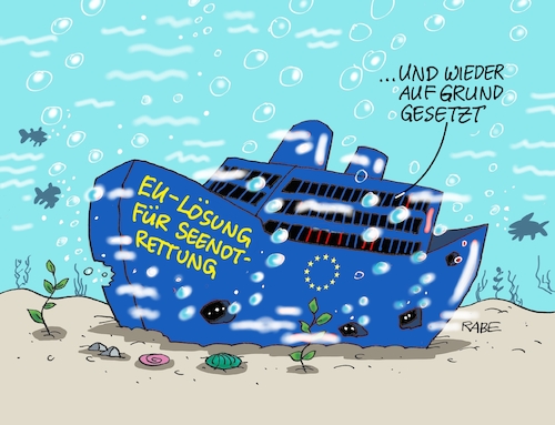 Cartoon: Seenotrettung (medium) by RABE tagged mittelmeer,seenotrettung,flüchtlinge,schlepperboote,salvini,italien,deutschland,malta,rabe,ralf,böhme,cartoon,karikatur,pressezeichnung,farbcartoon,tagescartoon,schiff,untergang,grund,lösung,paris,einigkeit,mindestzahl,kapitänin,rackete,küste,lybien,mittelmeer,seenotrettung,flüchtlinge,schlepperboote,salvini,italien,deutschland,malta,rabe,ralf,böhme,cartoon,karikatur,pressezeichnung,farbcartoon,tagescartoon,schiff,untergang,grund,lösung,paris,einigkeit,mindestzahl,kapitänin,rackete,küste,lybien