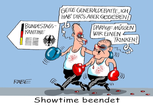 Cartoon: Showtime (medium) by RABE tagged gas,gassparen,gasnotstand,gasgeben,sanktionen,gasspeicher,gasheizung,rabe,ralf,böhme,cartoon,karikatur,pressezeichnung,farbcartoon,tagescartoon,robert,habeck,putin,ukrainekrieg,bundestag,bundestagsdebatte,generaldebatte,bundesregierung,schlagabtausch,opposition,cdu,union,friedrich,merz,spd,olaf,scholz,kantine,bundestagskantine,boxer,boxhandschuhe,veilchen,blut,gas,gassparen,gasnotstand,gasgeben,sanktionen,gasspeicher,gasheizung,rabe,ralf,böhme,cartoon,karikatur,pressezeichnung,farbcartoon,tagescartoon,robert,habeck,putin,ukrainekrieg,bundestag,bundestagsdebatte,generaldebatte,bundesregierung,schlagabtausch,opposition,cdu,union,friedrich,merz,spd,olaf,scholz,kantine,bundestagskantine,boxer,boxhandschuhe,veilchen,blut