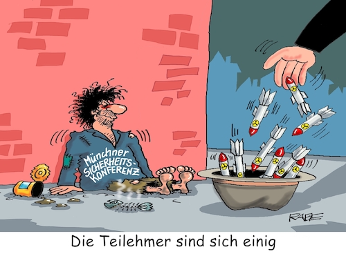 Cartoon: Sicher ist sicher (medium) by RABE tagged münchen,sichjerheitskonferenz,staatschefs,bundespräsident,steinmaier,red,pompeo,usa,aussenminister,rabe,ralf,böhme,cartoon,karikatur,pressezeichnung,farbcartoon,tagescartoon,bettler,obdachloser,raketen,spende,hut,atomraketen,abrüstung,aufrüstung,einigkeit,rüstunsindustrie,wettrüsten,angst,nato,sicher,münchen,sichjerheitskonferenz,staatschefs,bundespräsident,steinmaier,red,pompeo,usa,aussenminister,rabe,ralf,böhme,cartoon,karikatur,pressezeichnung,farbcartoon,tagescartoon,bettler,obdachloser,raketen,spende,hut,atomraketen,abrüstung,aufrüstung,einigkeit,rüstunsindustrie,wettrüsten,angst,nato