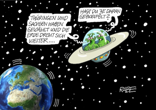 Cartoon: Sie bewegt sich doch (medium) by RABE tagged landtagswahl,thüringen,septemper,cdu,afd,mario,voigt,bernd,höcke,tv,duell,fernsehduell,rabe,ralf,böhme,cartoon,karikatur,pressezeichnung,farbcartoon,tagescartoon,sachsen,weltall,ufo,ausserirdische,wagenknecht,landtagswahl,thüringen,septemper,cdu,afd,mario,voigt,bernd,höcke,tv,duell,fernsehduell,rabe,ralf,böhme,cartoon,karikatur,pressezeichnung,farbcartoon,tagescartoon,sachsen,weltall,ufo,ausserirdische,wagenknecht