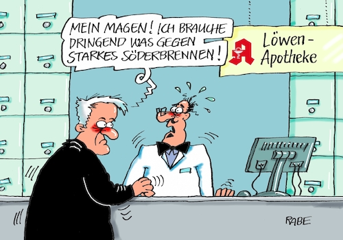 Cartoon: Sodbrennen (medium) by RABE tagged seehofer,csu,wahldebakel,bayern,rücktritt,rabe,ralf,böhme,münchen,sprengstoff,wahlergebnisse,söder,wahlurne,schwesterpartei,sondierungsgespräche,union,merkel,jamaika,obergrenze,neuwahlen,dezember,parteivorsitz,horst,markus,abstimmung,doppelspitze,erzfeinde,apotheke,sodbrennen,medizin,apotheker,söderbrennen,seehofer,csu,wahldebakel,bayern,rücktritt,rabe,ralf,böhme,münchen,sprengstoff,wahlergebnisse,söder,wahlurne,schwesterpartei,sondierungsgespräche,union,merkel,jamaika,obergrenze,neuwahlen,dezember,parteivorsitz,horst,markus,abstimmung,doppelspitze,erzfeinde,apotheke,sodbrennen,medizin,apotheker,söderbrennen